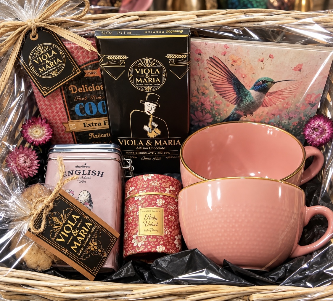 Här är en fin presentkorg som innehåller allt för en mysig fikastund. Stora kersmikmuggar, choklad, doftljus från Italien, smakprov från Lady Josephs kakor och min egendesignade kakelplatta. Gör din egna personliga gåva eller be mig hjälpa till.